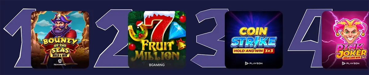 Casino slot game thumbnails including Bounty of the Seas, Fruit Million, Coin Strike, and Pink Joker displayed in a featured games row