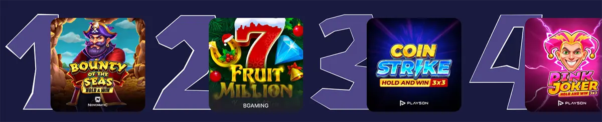 Casino slot game thumbnails including Bounty of the Seas, Fruit Million, Coin Strike, and Pink Joker displayed in a featured games row