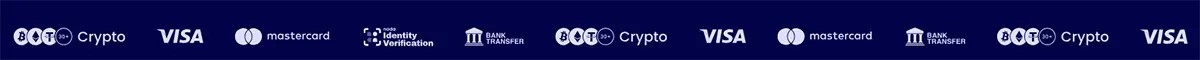 Casino payment methods banner showing Crypto, Visa, Mastercard, Identity Verification, and Bank Transfer icons