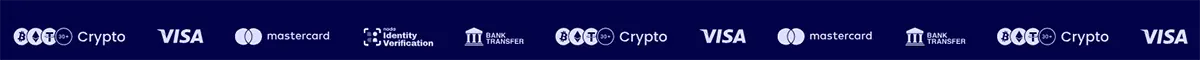 Casino payment methods banner showing Crypto, Visa, Mastercard, Identity Verification, and Bank Transfer icons