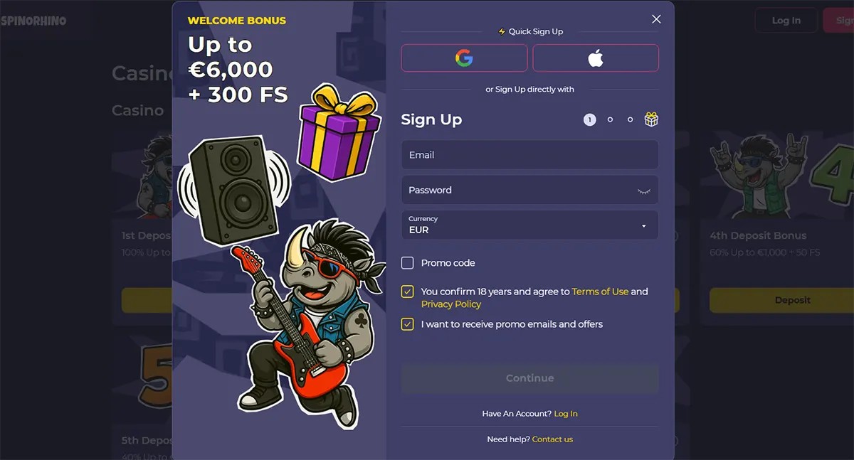 Casino welcome bonus popup with €6,000 + 300 free spins and sign-up registration form