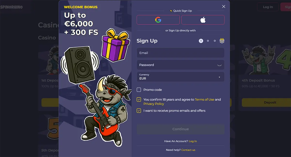 Casino welcome bonus popup with €6,000 + 300 free spins and sign-up registration form